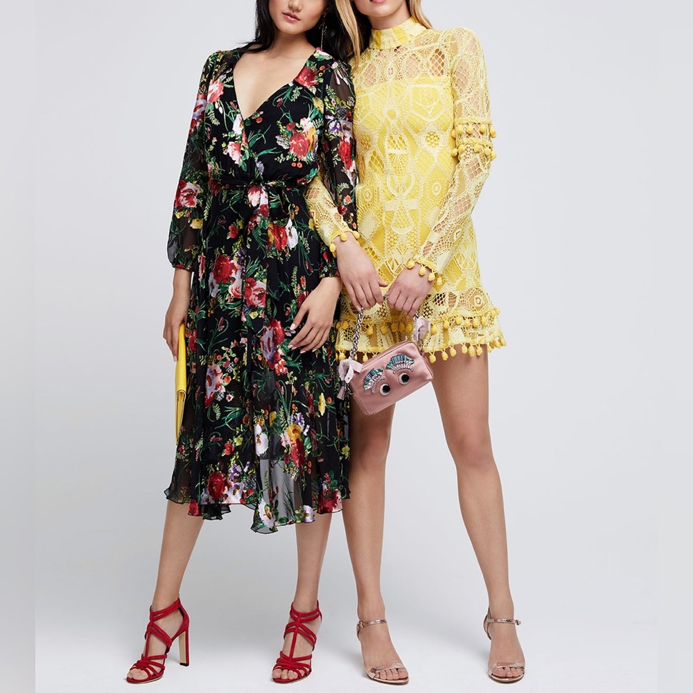Alice + Olivia Abney Floral Black Red Collared Midi Dress - Picture 3 of 16